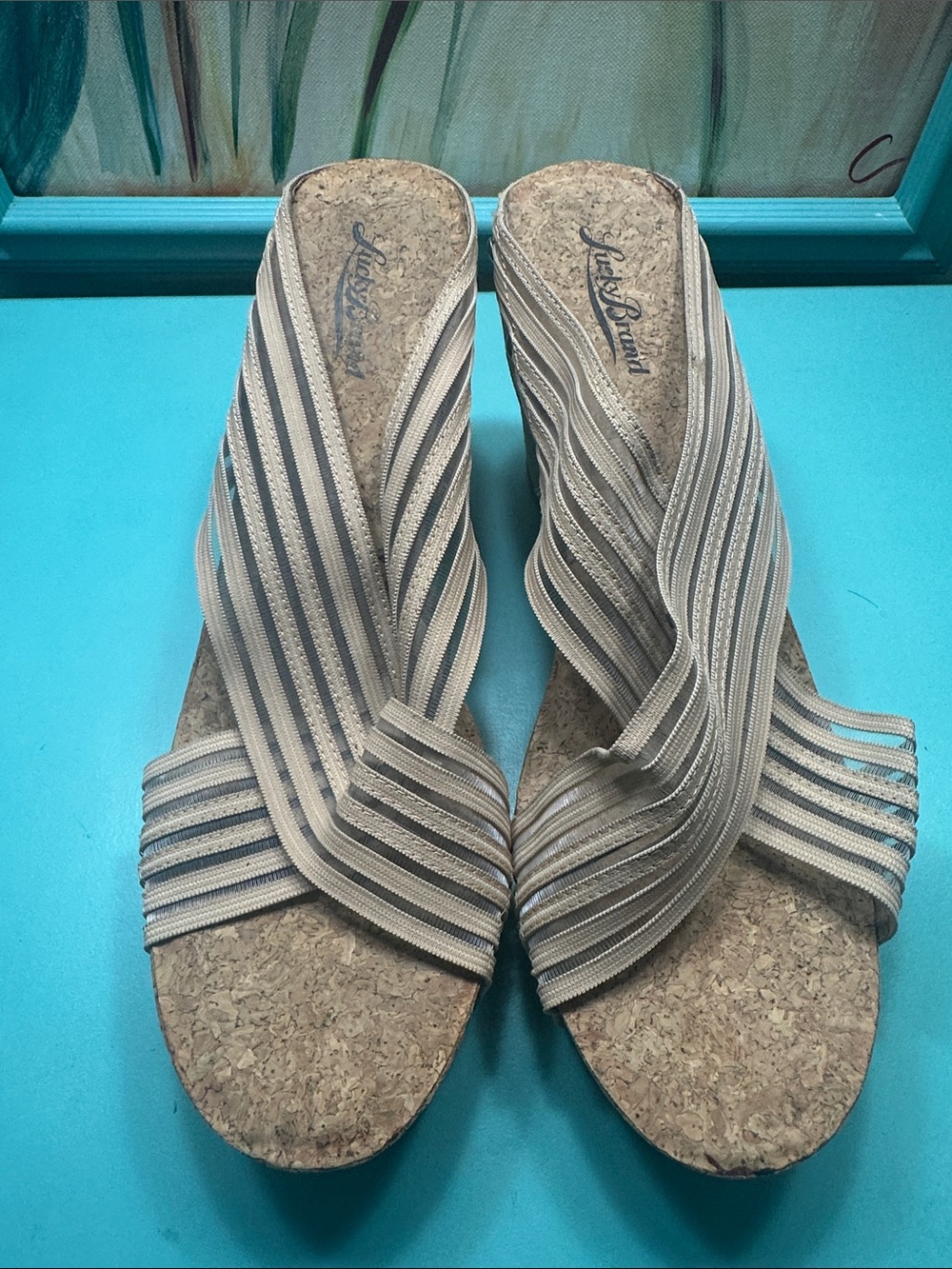 Lucky Brand Women's Beige and Gray Striped Cork Wedge Sandals